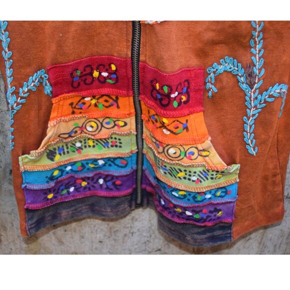 Rising International Rainbow Patchwork Hoodie Jacket Women’s Small Boho Festival - Picture 4 of 5